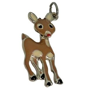 Charming Brown Deer Pendant Rudolf Red Nose Christmas Charm 1” Enamel Silvertone